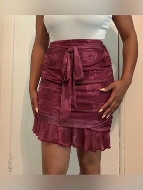 Fashion Nova Burgundy Floral Mesh Ruched Wrap Mini Skirt